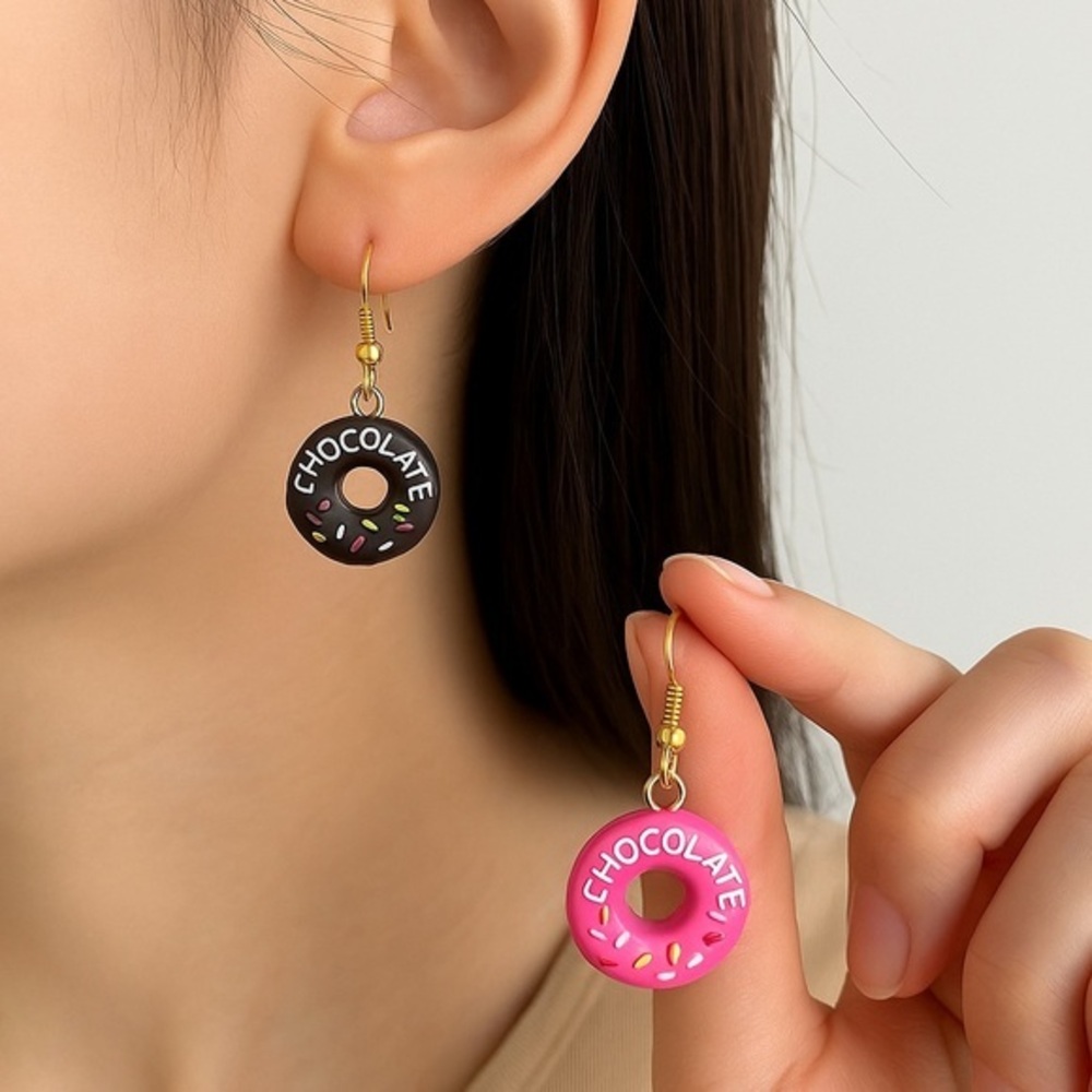 Set of 2 Donut Earrings - Pink and Chocolate Sprinkle Design -‎ Cute Fun